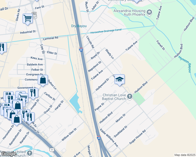 map of restaurants, bars, coffee shops, grocery stores, and more near 3617 Tulane Avenue in Alexandria