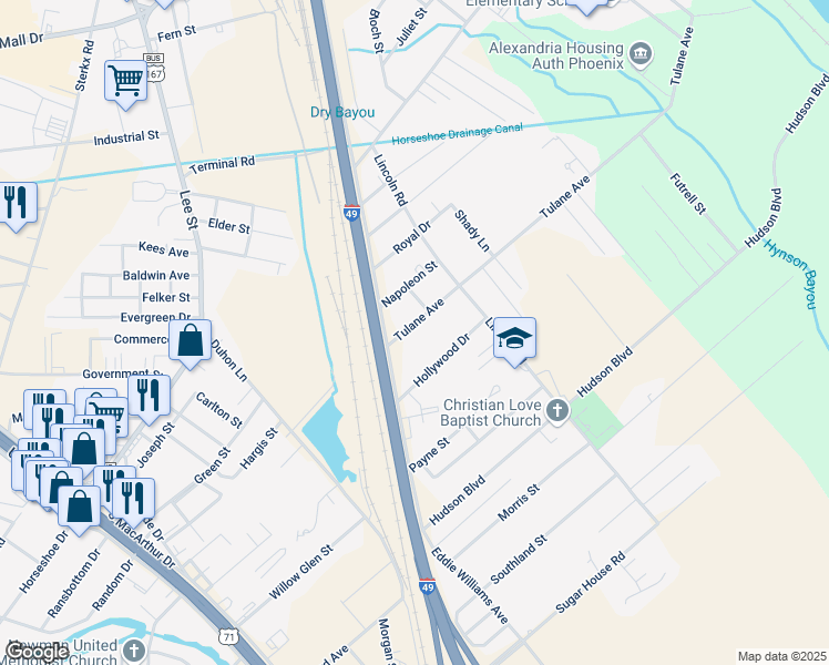 map of restaurants, bars, coffee shops, grocery stores, and more near 3617 Tulane Avenue in Alexandria