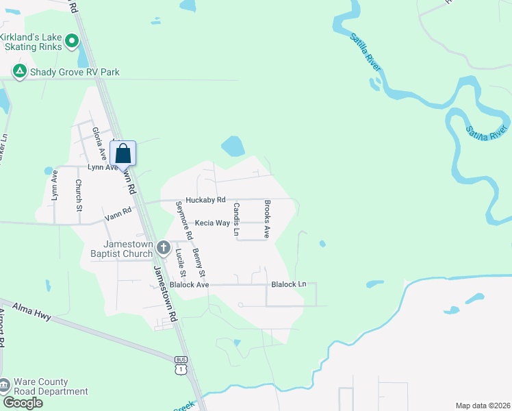 map of restaurants, bars, coffee shops, grocery stores, and more near 3950 Candis Lane in Waycross