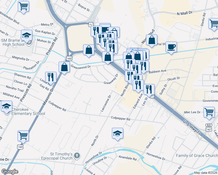 map of restaurants, bars, coffee shops, grocery stores, and more near 5200 Llewellyn Drive in Alexandria
