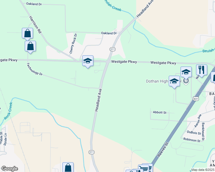 map of restaurants, bars, coffee shops, grocery stores, and more near 2740 Headland Avenue in Dothan