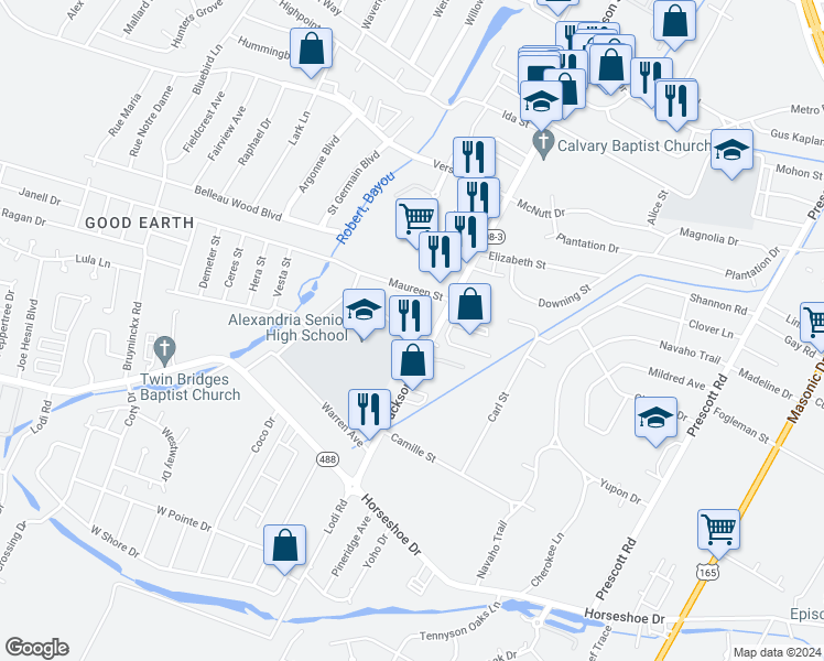 map of restaurants, bars, coffee shops, grocery stores, and more near 1121 Ola Street in Alexandria