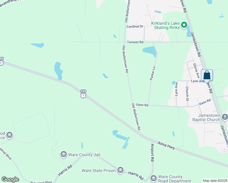 map of restaurants, bars, coffee shops, grocery stores, and more near 3915 Old Waltertown Road in Waycross