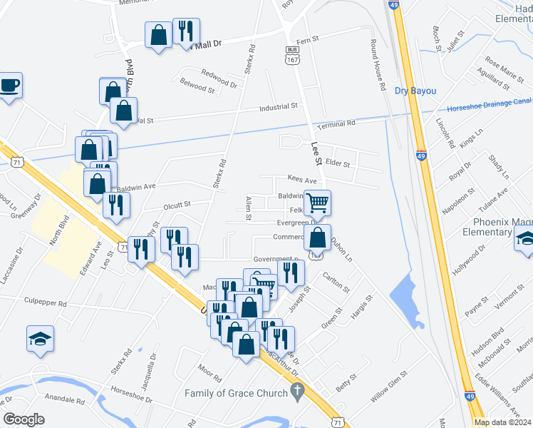 map of restaurants, bars, coffee shops, grocery stores, and more near 3424 Felker Street in Alexandria