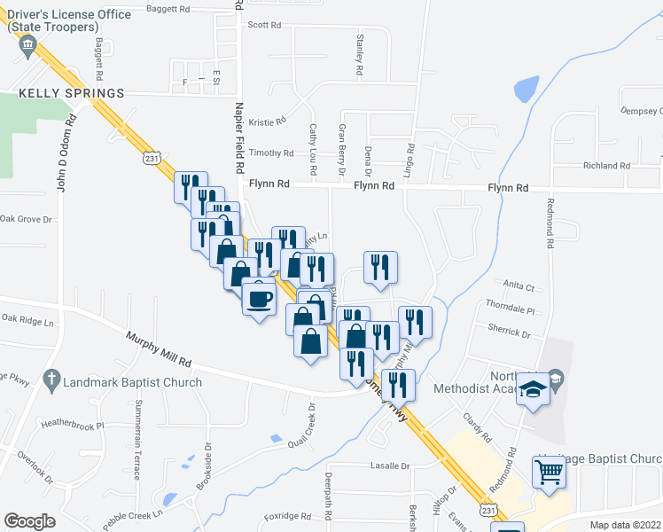 map of restaurants, bars, coffee shops, grocery stores, and more near Plum Road in Dothan