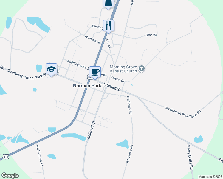 map of restaurants, bars, coffee shops, grocery stores, and more near 206 East Broad Street in Norman Park