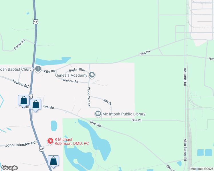 map of restaurants, bars, coffee shops, grocery stores, and more near 401 Nichols Road in McIntosh