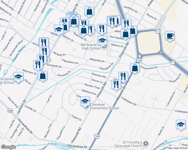 map of restaurants, bars, coffee shops, grocery stores, and more near 1901 Clover Lane in Alexandria
