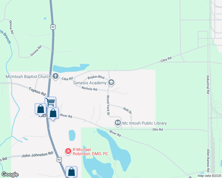 map of restaurants, bars, coffee shops, grocery stores, and more near 401 Nichols Road in McIntosh