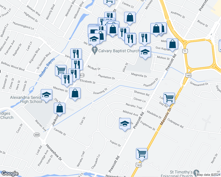 map of restaurants, bars, coffee shops, grocery stores, and more near 5401 Downing Street in Alexandria