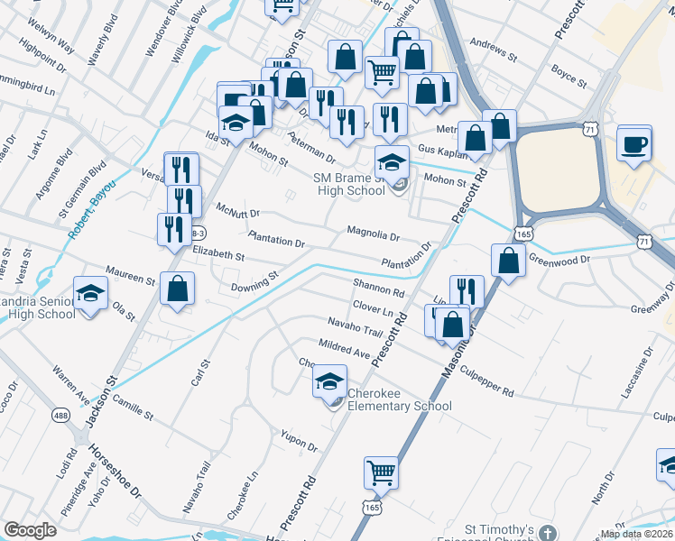 map of restaurants, bars, coffee shops, grocery stores, and more near 1618 Plantation Drive in Alexandria