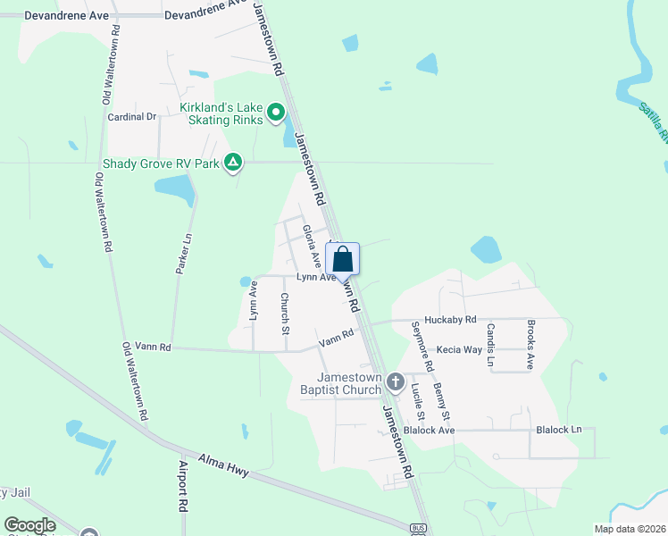 map of restaurants, bars, coffee shops, grocery stores, and more near 4121 Jamestown Road in Waycross