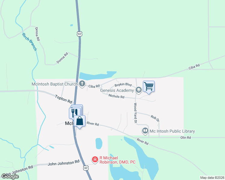 map of restaurants, bars, coffee shops, grocery stores, and more near 58 Boykin Boulevard in McIntosh