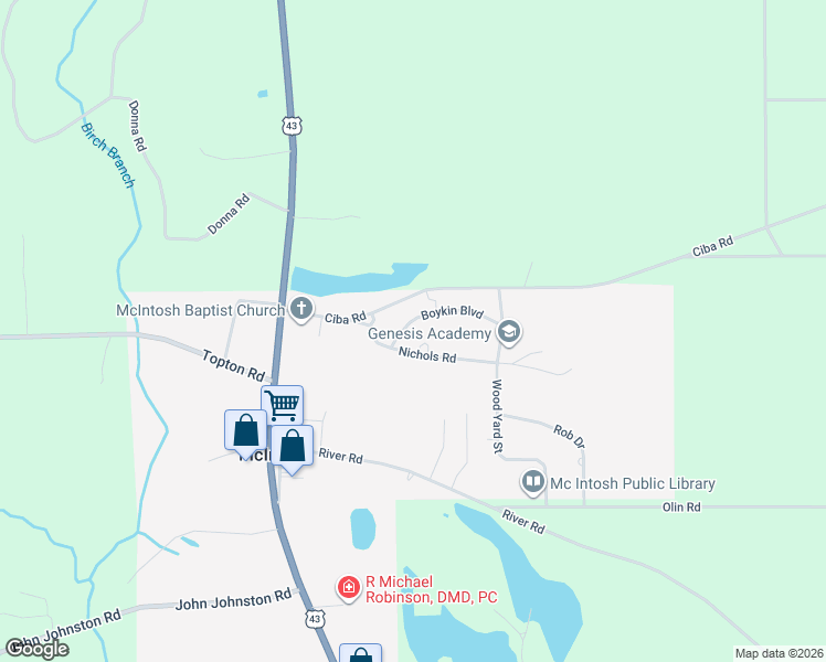 map of restaurants, bars, coffee shops, grocery stores, and more near 58 Boykin Boulevard in McIntosh