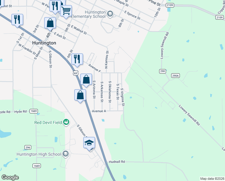 map of restaurants, bars, coffee shops, grocery stores, and more near 129 South Oklahoma Street in Huntington