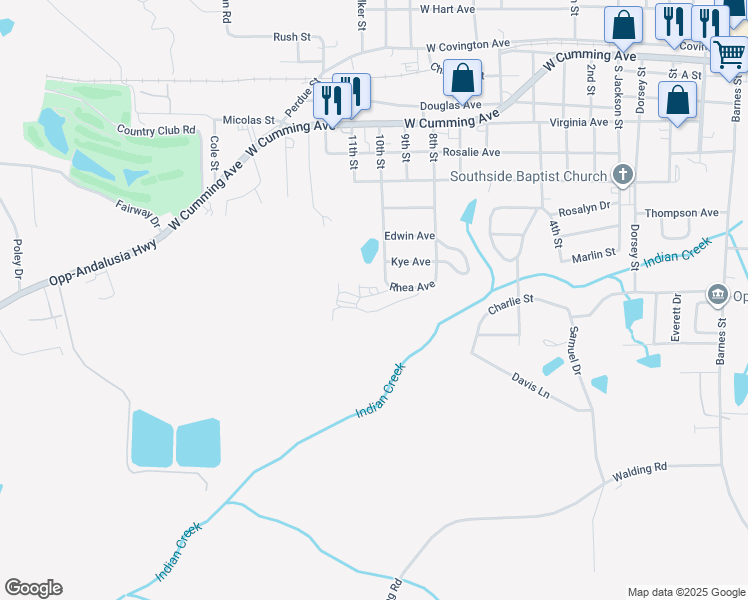 map of restaurants, bars, coffee shops, grocery stores, and more near 32 Lunsford Circle in Opp