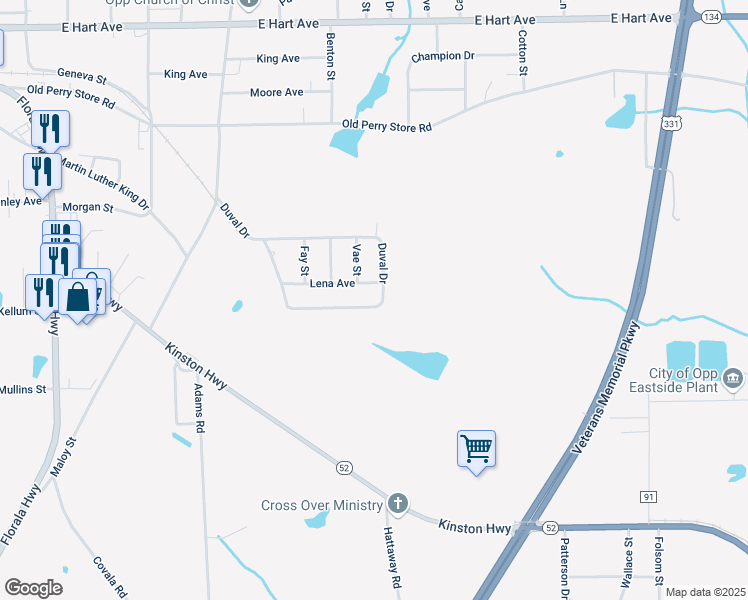 map of restaurants, bars, coffee shops, grocery stores, and more near 503-607 Duval Drive in Opp