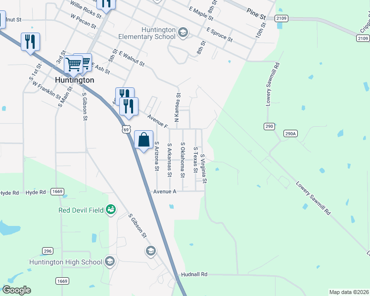 map of restaurants, bars, coffee shops, grocery stores, and more near 129 South Oklahoma Street in Huntington