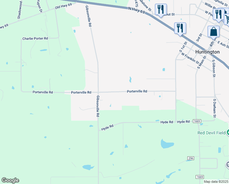 map of restaurants, bars, coffee shops, grocery stores, and more near Porterville Road in Huntington