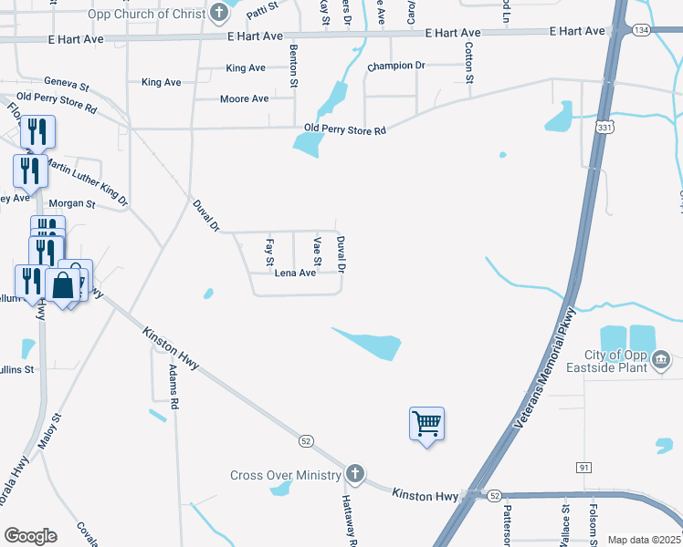 map of restaurants, bars, coffee shops, grocery stores, and more near 503 Duval Drive in Opp