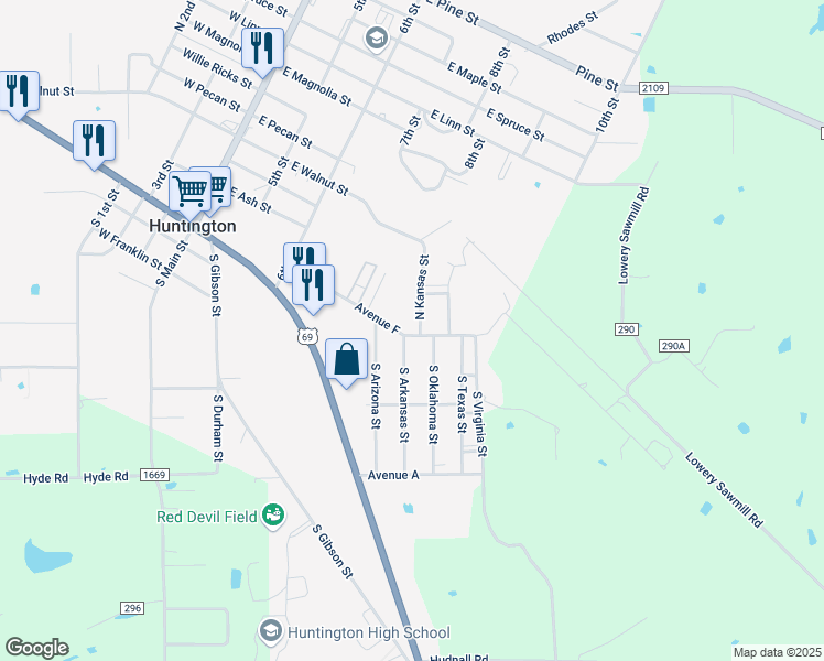 map of restaurants, bars, coffee shops, grocery stores, and more near 107 North Kansas Street in Huntington