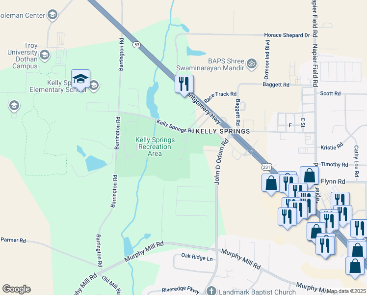 map of restaurants, bars, coffee shops, grocery stores, and more near Kelly Springs Road in Dothan