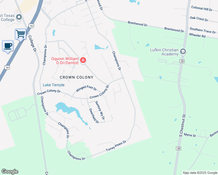 map of restaurants, bars, coffee shops, grocery stores, and more near 736 Crown Colony Drive in Lufkin