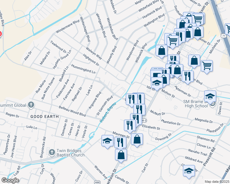 map of restaurants, bars, coffee shops, grocery stores, and more near 549 Versailles Boulevard in Alexandria