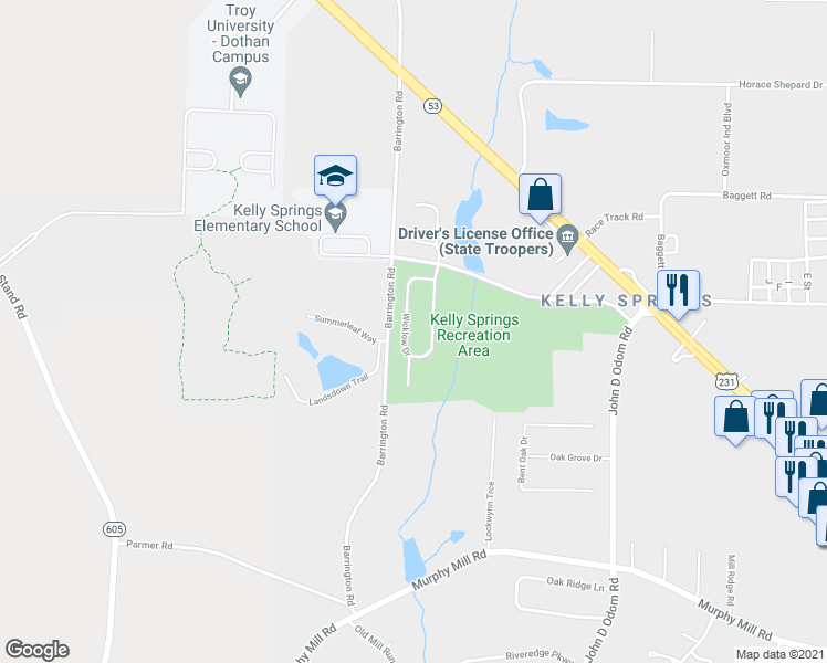 map of restaurants, bars, coffee shops, grocery stores, and more near 308 Wicklow Drive in Dothan