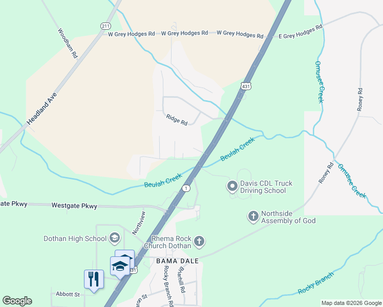 map of restaurants, bars, coffee shops, grocery stores, and more near 3915 Reeves Street in Dothan
