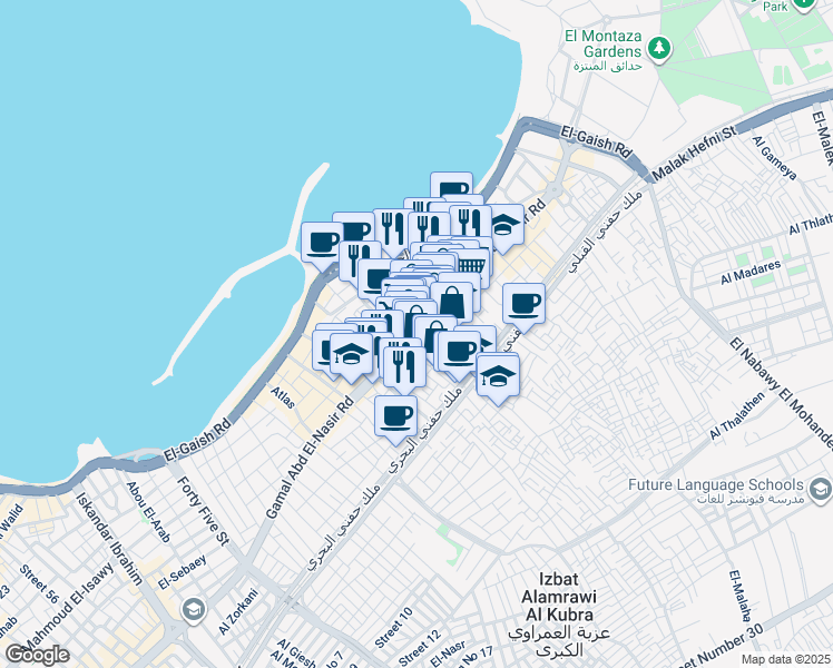 map of restaurants, bars, coffee shops, grocery stores, and more near in Montaza 2