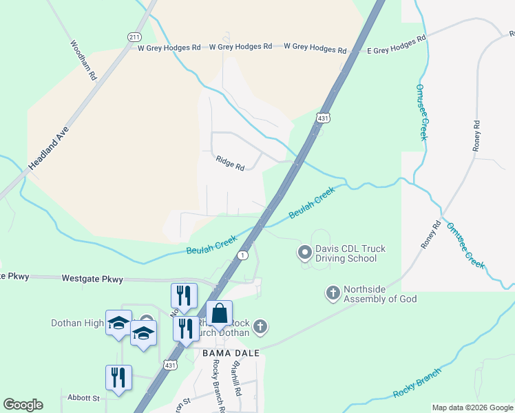 map of restaurants, bars, coffee shops, grocery stores, and more near 3915 Reeves Street in Dothan