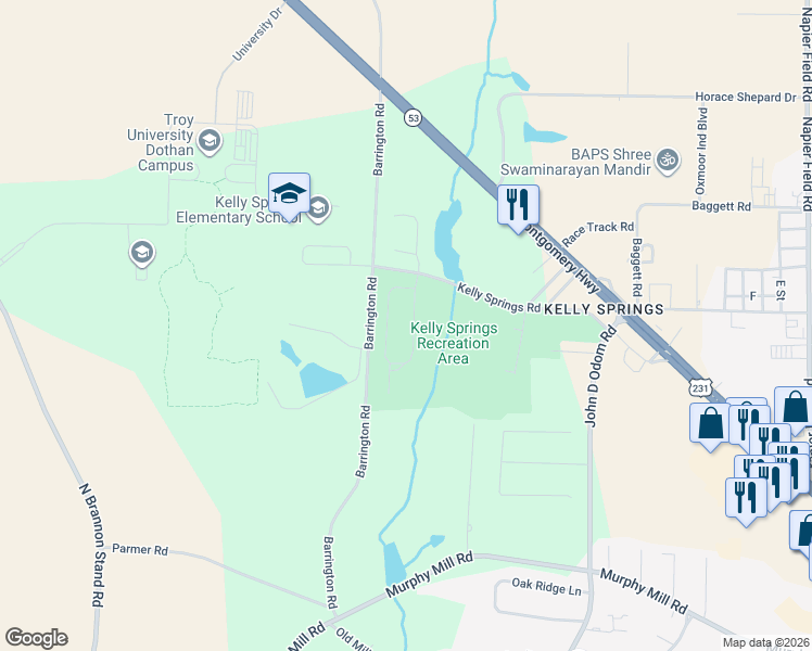 map of restaurants, bars, coffee shops, grocery stores, and more near 210 Wicklow Drive in Dothan