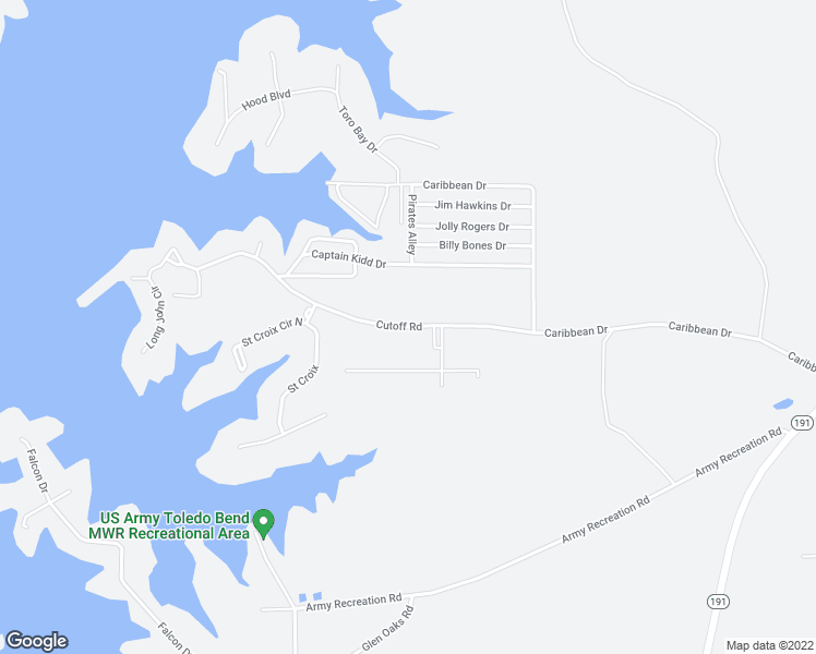 map of restaurants, bars, coffee shops, grocery stores, and more near Cutoff Road in Sabine Parish