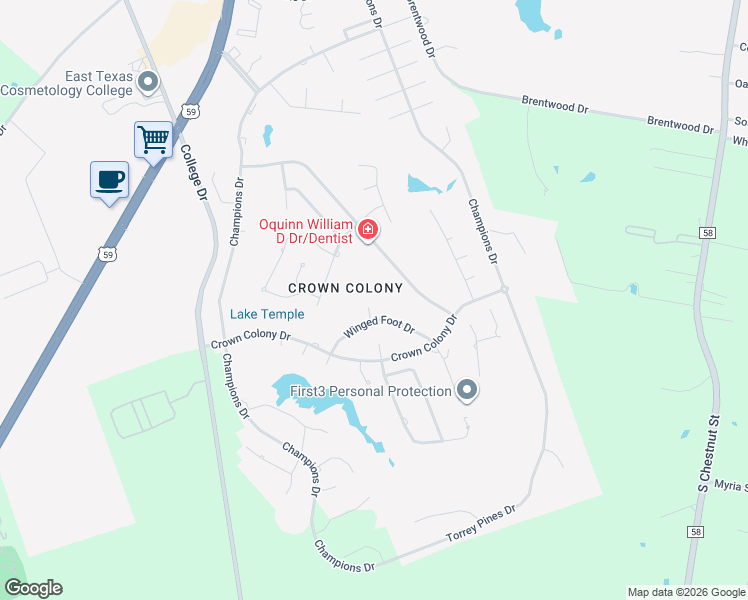 map of restaurants, bars, coffee shops, grocery stores, and more near 203 Winged Foot Drive in Lufkin