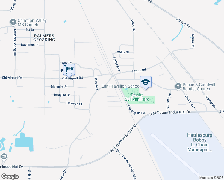 map of restaurants, bars, coffee shops, grocery stores, and more near 139 Palmer Circle in Hattiesburg