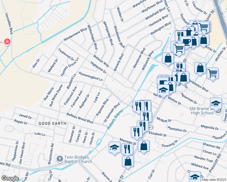 map of restaurants, bars, coffee shops, grocery stores, and more near 533 Versailles Boulevard in Alexandria