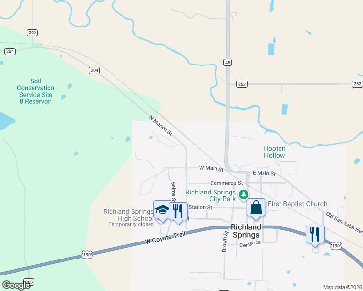 map of restaurants, bars, coffee shops, grocery stores, and more near 608 Main Street in Richland Springs