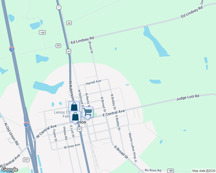map of restaurants, bars, coffee shops, grocery stores, and more near 406 North Bobby Street in Lenox