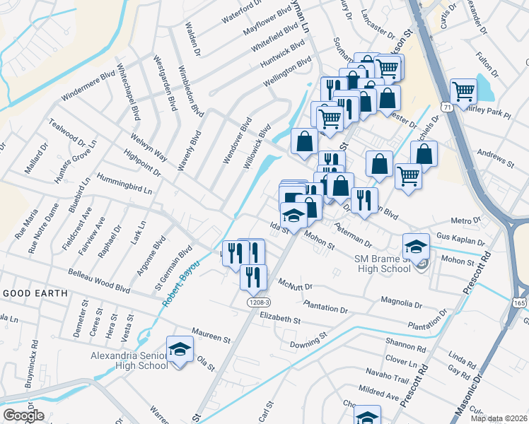 map of restaurants, bars, coffee shops, grocery stores, and more near 4800-4810 Bayou Bend Court in Alexandria