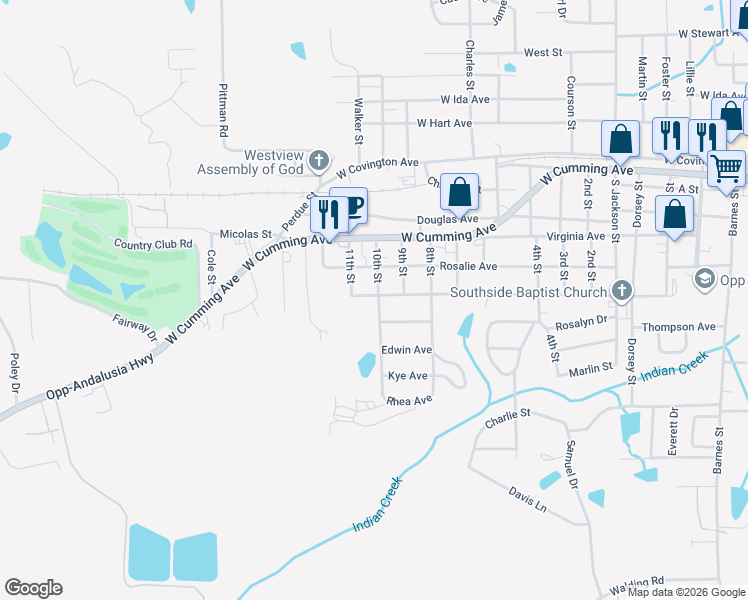 map of restaurants, bars, coffee shops, grocery stores, and more near 1301 Maude Avenue in Opp