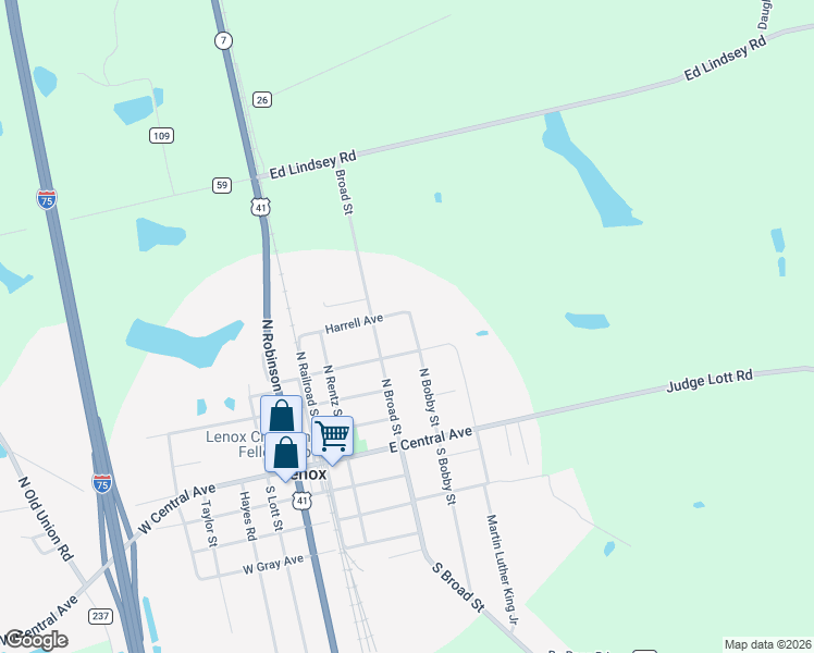 map of restaurants, bars, coffee shops, grocery stores, and more near 406 North Bobby Street in Lenox