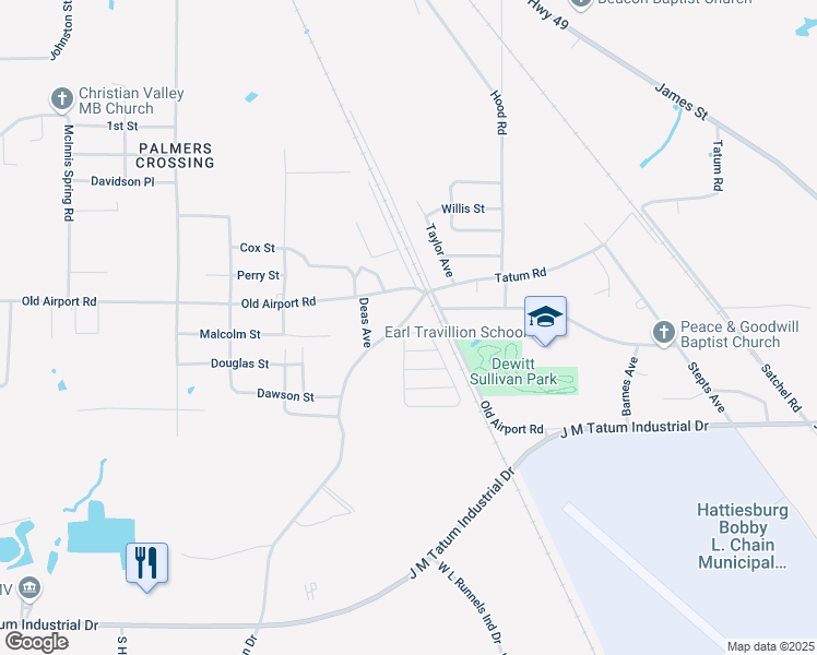 map of restaurants, bars, coffee shops, grocery stores, and more near 139 Palmer Circle in Hattiesburg