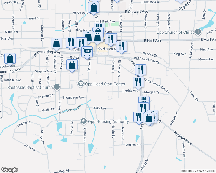 map of restaurants, bars, coffee shops, grocery stores, and more near 310 Danley Avenue in Opp