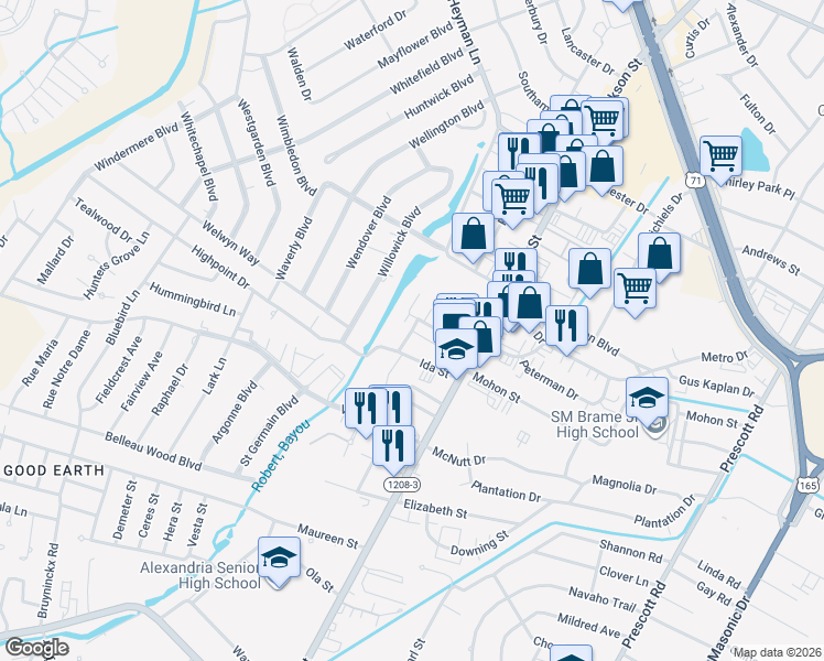 map of restaurants, bars, coffee shops, grocery stores, and more near 4800 Bayou Bend Court in Alexandria