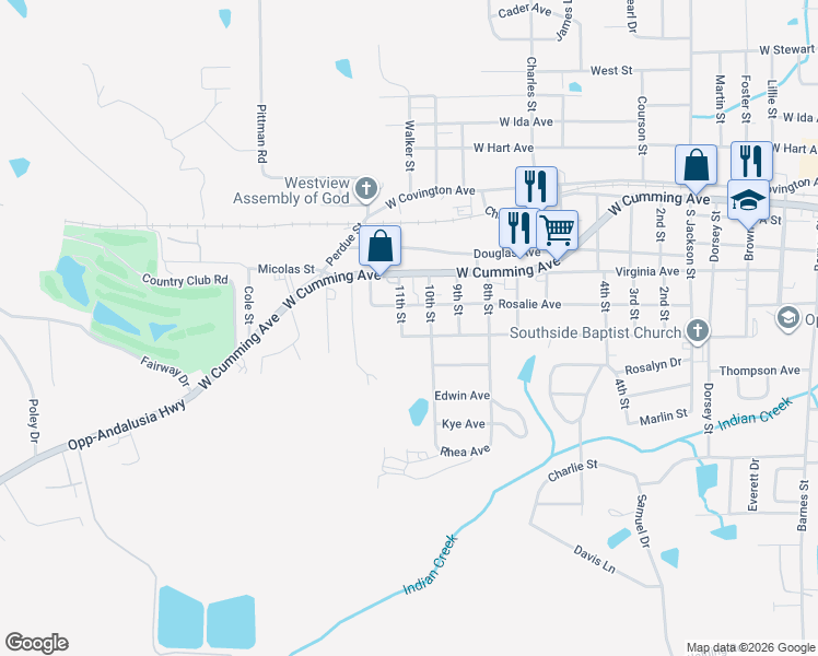 map of restaurants, bars, coffee shops, grocery stores, and more near 1301-1309 Maude Avenue in Opp