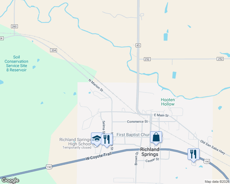 map of restaurants, bars, coffee shops, grocery stores, and more near 608 Main Street in Richland Springs