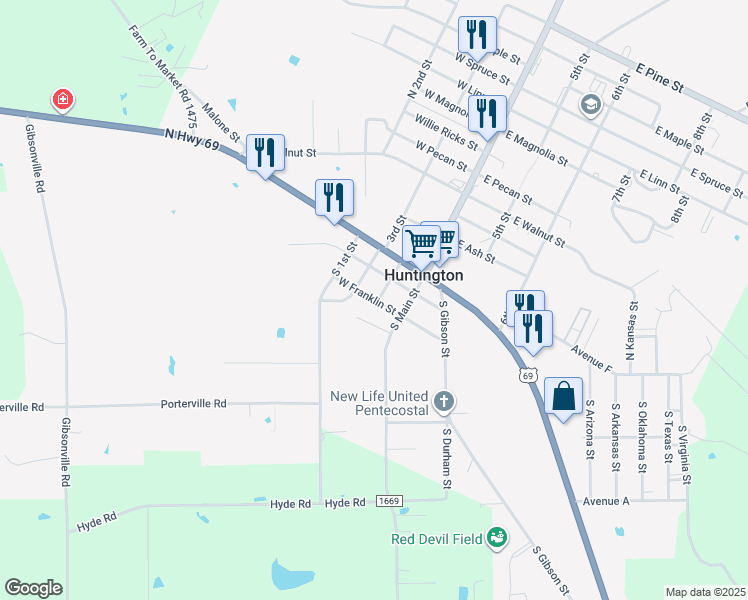 map of restaurants, bars, coffee shops, grocery stores, and more near 200 West Franklin Street in Huntington