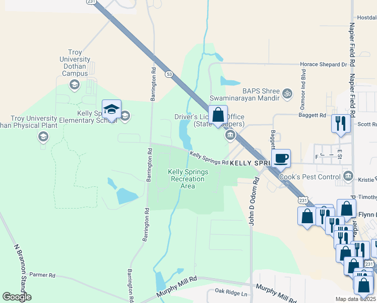 map of restaurants, bars, coffee shops, grocery stores, and more near Kelly Springs Road in Dothan