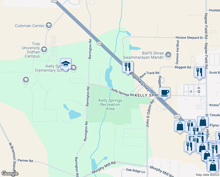 map of restaurants, bars, coffee shops, grocery stores, and more near Kelly Springs Road in Dothan